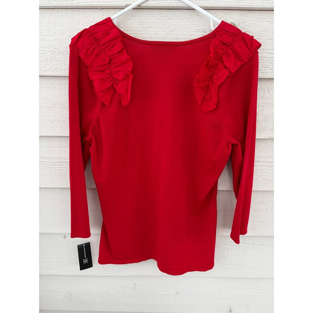 INC International Concepts Red Ruffle Shoulder V-Neck Sweater Top Size M/L - Picture 5 of 6